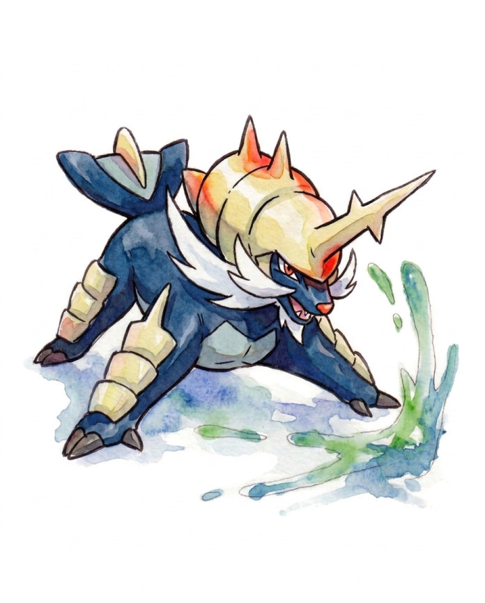 Watercolour illustration of Samurott in an attack stance with a slash of water by Dammit.png