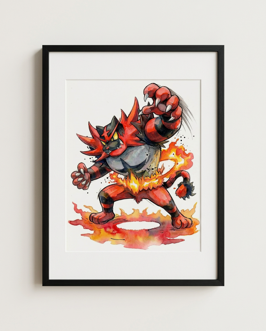 Incineroar Darkest Lariat watercolour Pokémon art print in a black frame with white mat