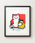 Snorlax & Psyduck — Nap Time ink wash art print framed on a wall