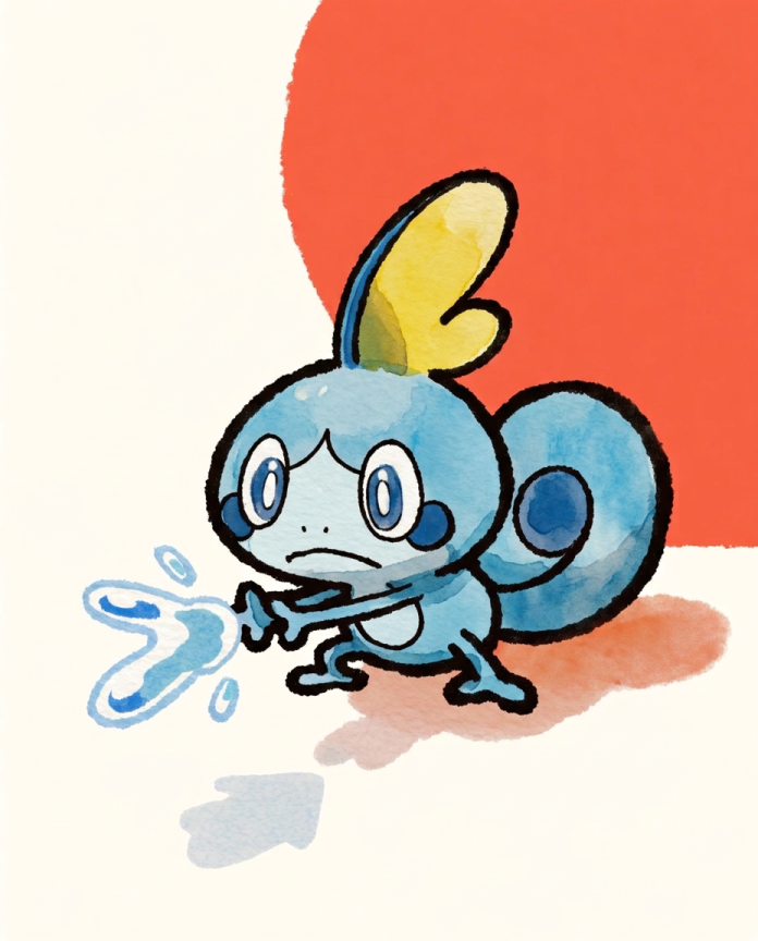 Watercolour illustration of Sobble shooting water in front of a red sun by Dammit.png