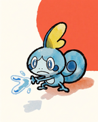 Watercolour illustration of Sobble shooting water in front of a red sun by Dammit.png