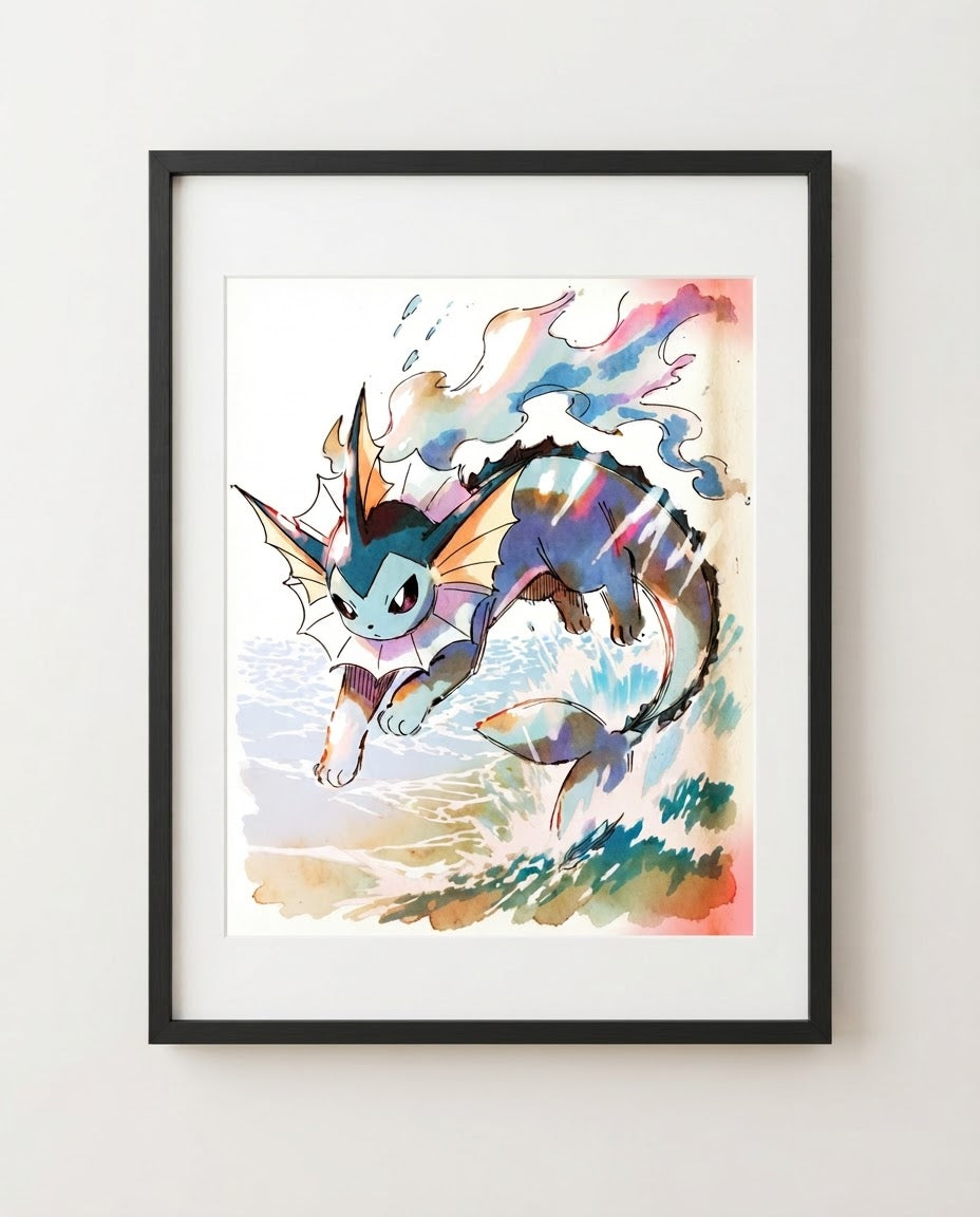 Vaporeon watercolour art print framed on a wall — Pokémon fan art by Dammit.png