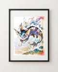 Vaporeon watercolour art print framed on a wall — Pokémon fan art by Dammit.png