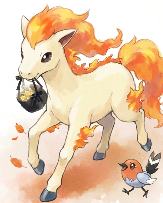 Watercolour illustration of Ponyta carrying a candy bag with Fletchling hopping beside it by Dammit.png