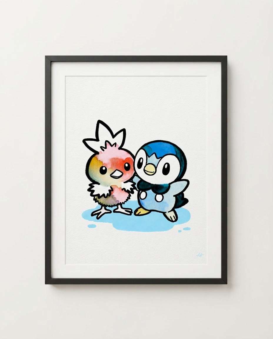 Torchic & Piplup — Puddle Pals watercolour art print framed in a black frame with white mat