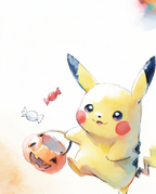 Watercolour illustration of Pikachu skipping with a jack-o-lantern candy bucket by Dammit.png