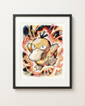 Psyduck — Psychic Burst watercolour art print framed on a wall