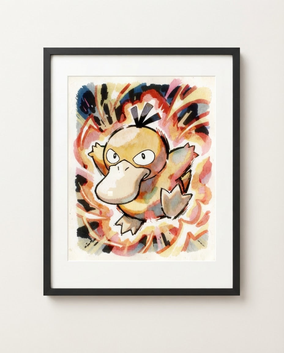 Psyduck — Psychic Burst watercolour art print framed on a wall
