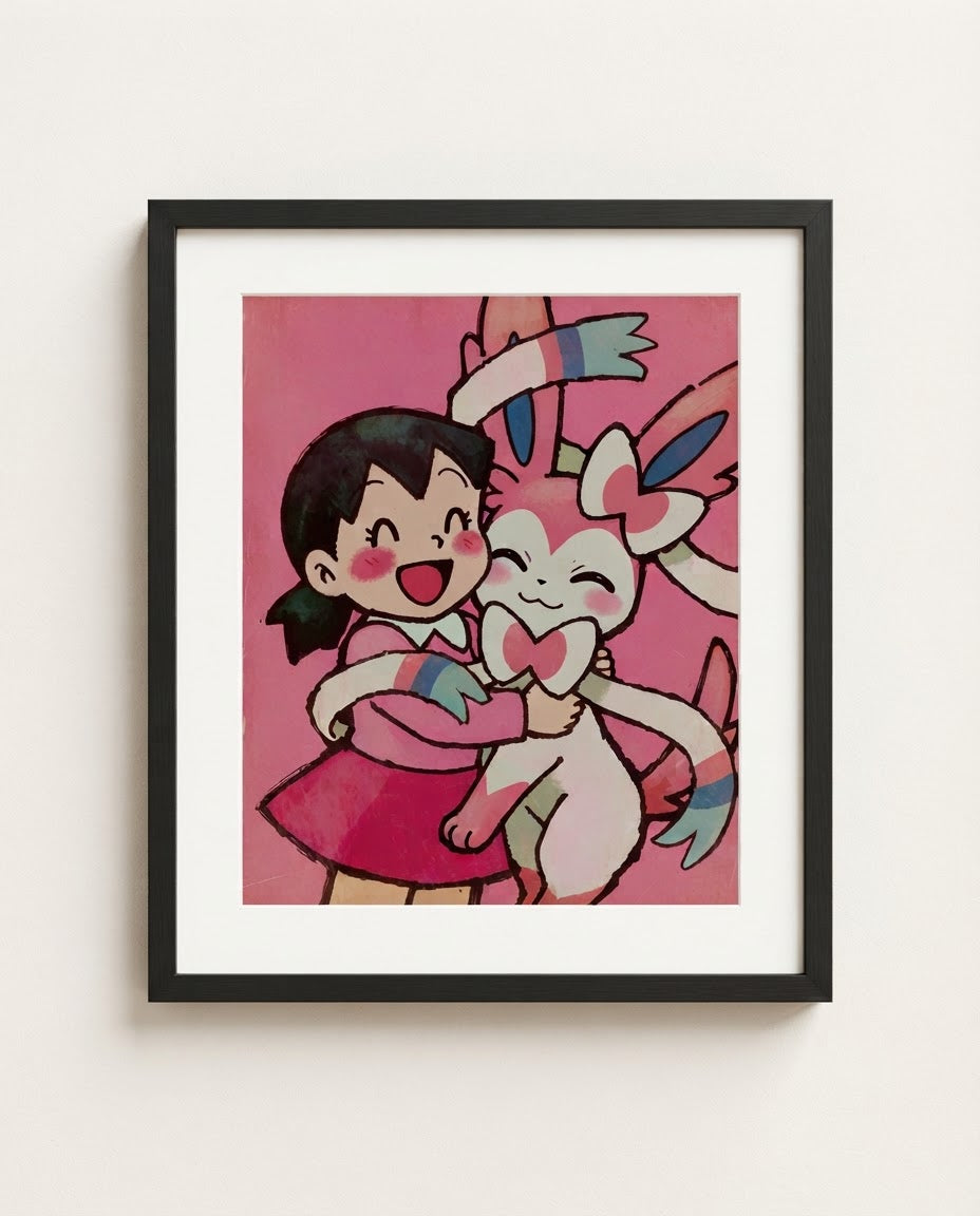 Shizuka & Sylveon art print framed on a wall — Doraemon Pokémon crossover by Dammit.png