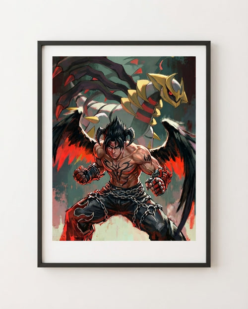 Devil Jin & Giratina art print framed on a wall — Tekken Pokémon crossover by Dammit.png