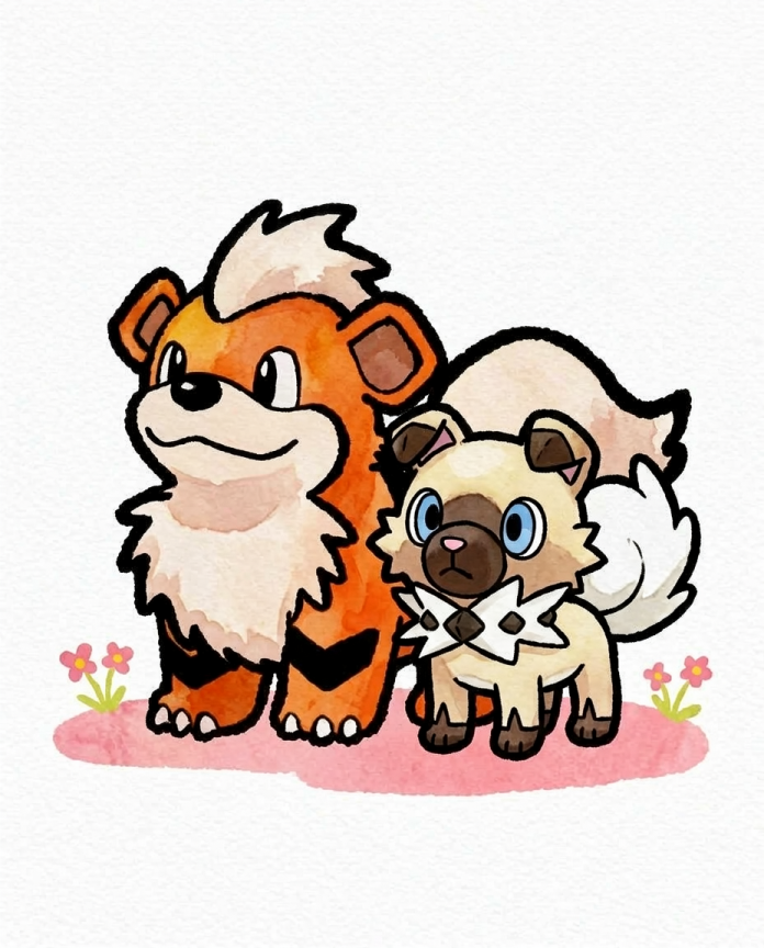 Growlithe & Rockruff — Good Boys watercolour illustration, Growlithe and Rockruff on pink grass