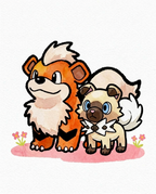 Growlithe & Rockruff — Good Boys watercolour illustration, Growlithe and Rockruff on pink grass