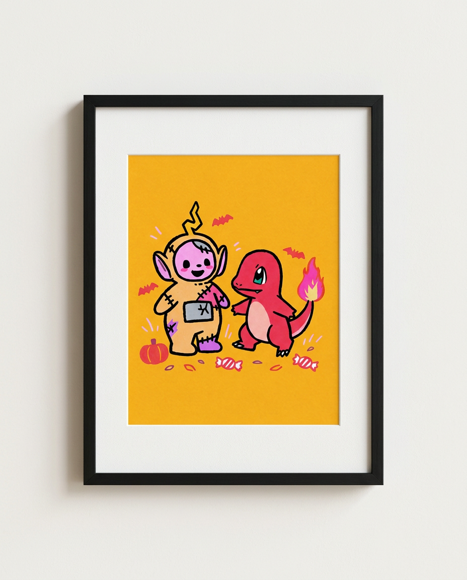 Zombie Teletubbies Laa-Laa and Charmander Halloween art print in a black frame by Dammit.png