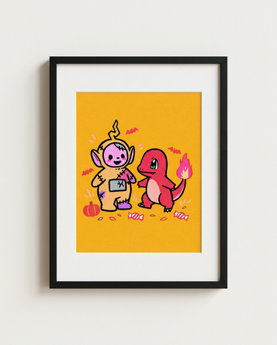 Zombie Teletubbies Laa-Laa and Charmander Halloween art print in a black frame by Dammit.png