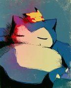 Snorlax & Pikachu — Deep Sleep illustration, sleeping Snorlax with Pikachu on its head