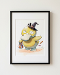 Psyduck Trick or Quack Halloween watercolour Pokémon art print in a black frame with white mat
