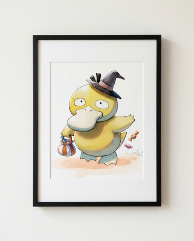 Psyduck Trick or Quack Halloween watercolour Pokémon art print in a black frame with white mat