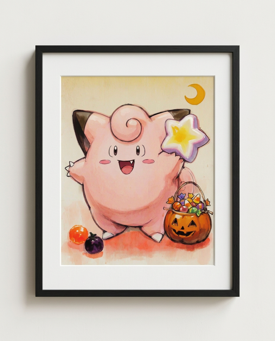 Clefairy Star Treat Halloween watercolour Pokémon art print in a black frame with white mat