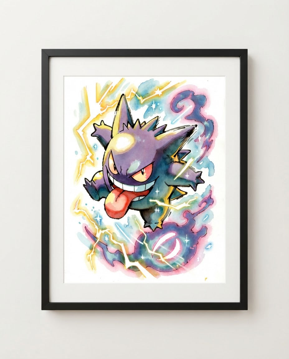 Gengar — Lick Attack watercolour art print framed in a black frame with white mat