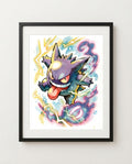 Gengar — Lick Attack watercolour art print framed in a black frame with white mat