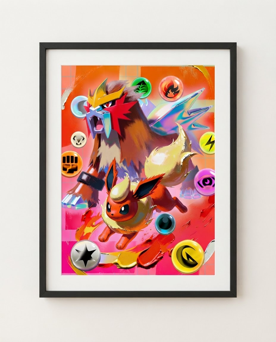 Entei & Flareon — Blazing Energy Futuristic Rare EX art print framed in a black frame with white mat