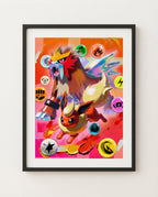 Entei & Flareon — Blazing Energy Futuristic Rare EX art print framed in a black frame with white mat