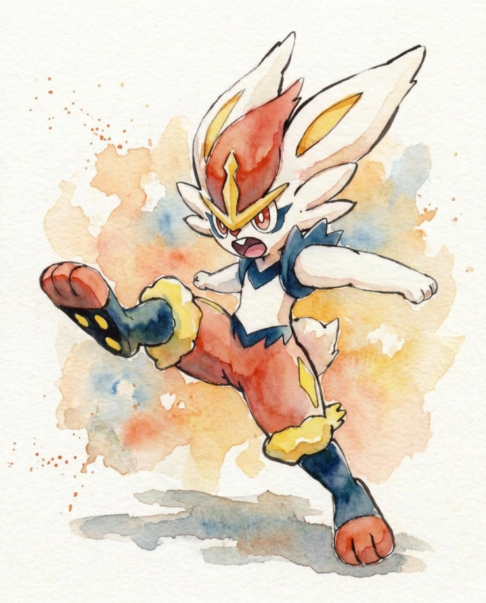 Watercolour illustration of Cinderace mid-kick over a warm colour bloom by Dammit.png