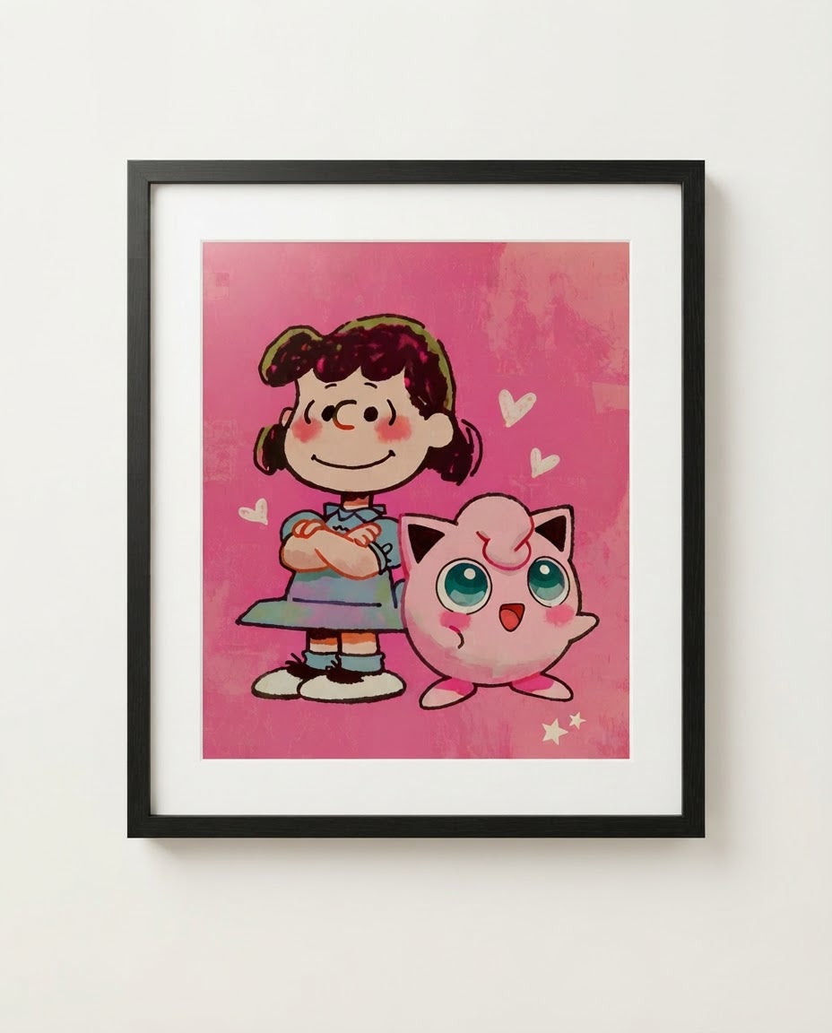 Lucy & Jigglypuff — The Doctor Is In crossover art print framed in a black frame with white mat