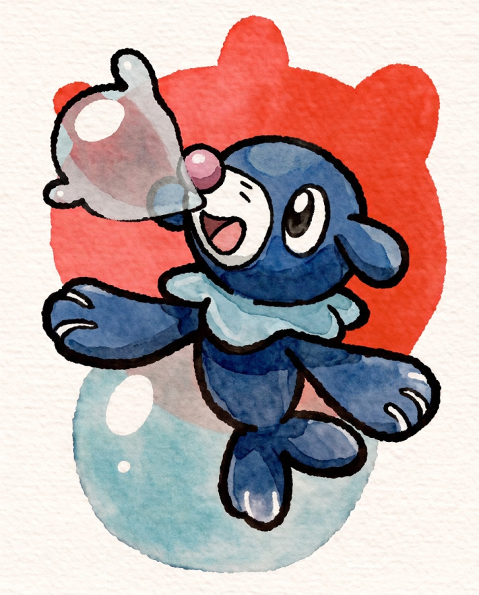 Watercolour illustration of Popplio blowing a balloon bubble over a red splash by Dammit.png