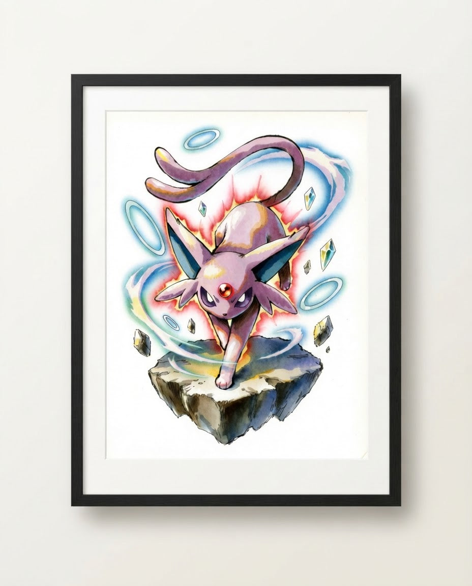 Espeon watercolour art print framed on a wall — Pokémon fan art by Dammit.png