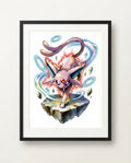 Espeon watercolour art print framed on a wall — Pokémon fan art by Dammit.png
