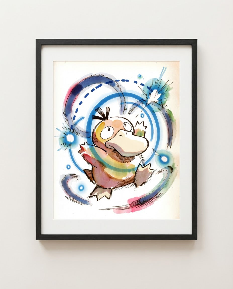 Psyduck — Headache watercolour art print framed on a wall