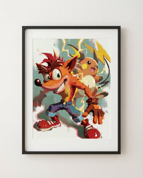Crash Bandicoot & Raichu art print framed on a wall — PlayStation Pokémon crossover by Dammit.png