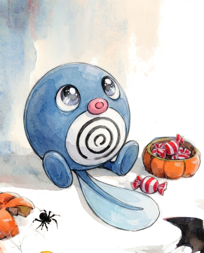 Watercolour illustration of Poliwag looking at a pumpkin bowl of peppermint candies by Dammit.png