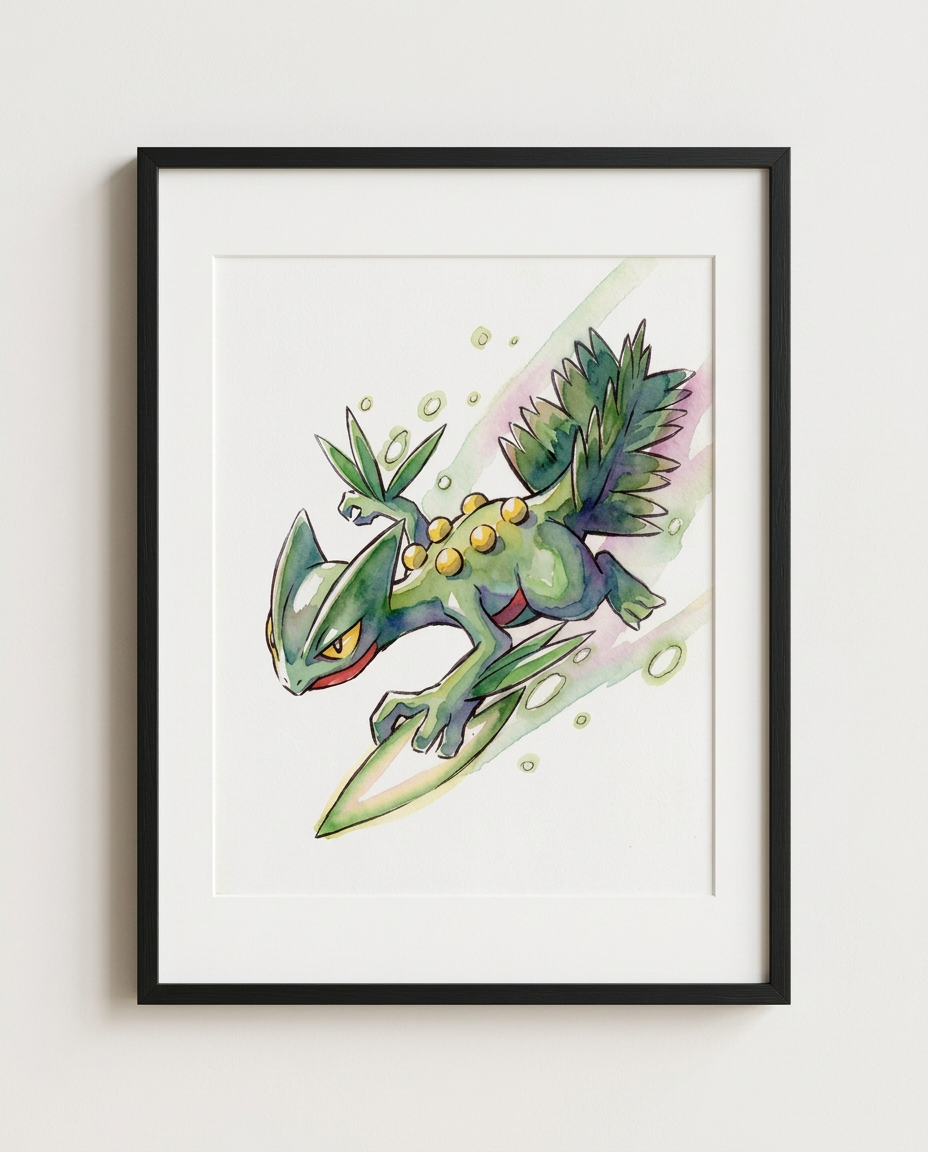 Sceptile Leaf Blade watercolour Pokémon art print in a black frame with white mat