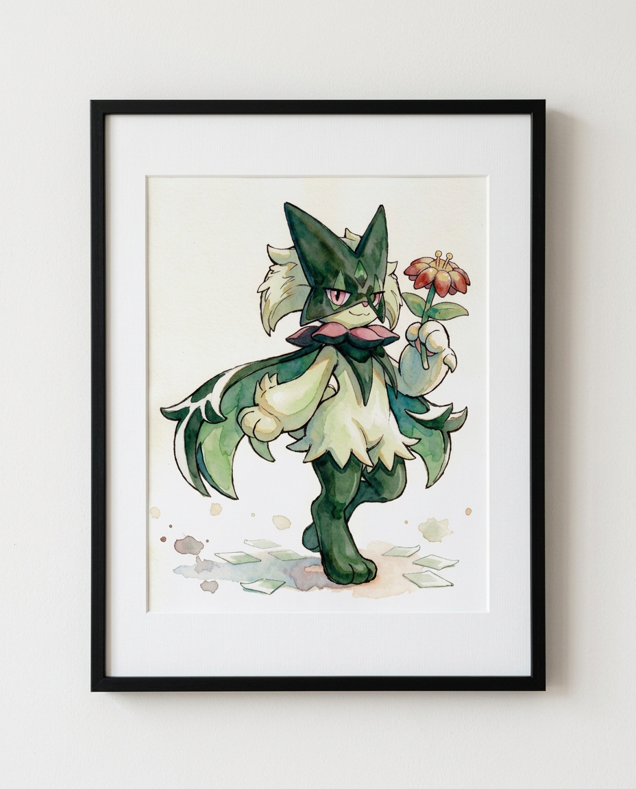 Meowscarada Magician's Rose watercolour Pokémon art print in a black frame with white mat