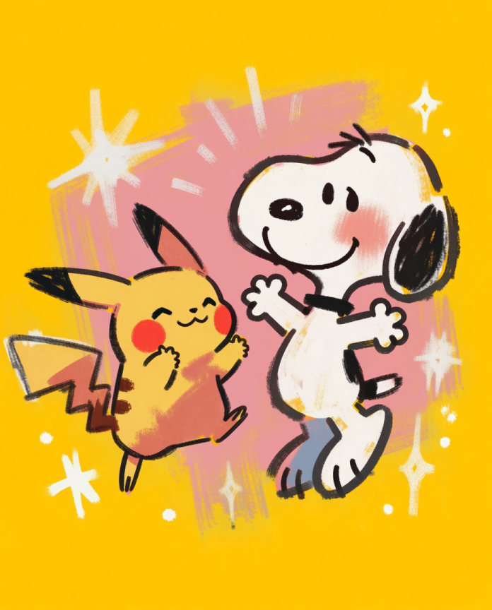 Pikachu & Snoopy — Happy Dance illustration, Pikachu and Snoopy dancing on yellow and pink
