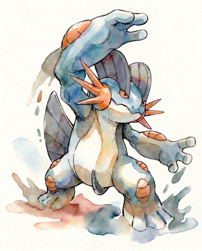 Watercolour illustration of Swampert raising its arm amid splashing water by Dammit.png