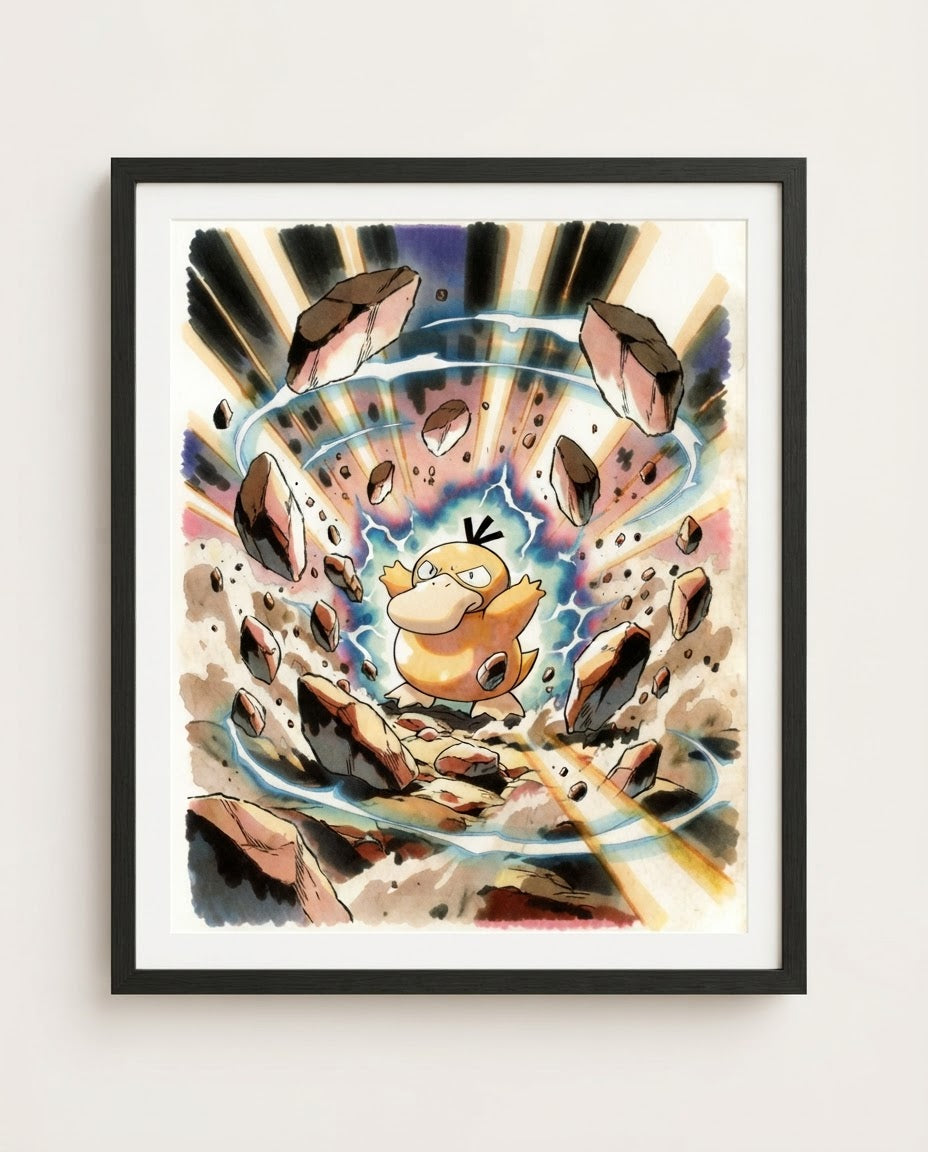 Psyduck — Confusion watercolour art print framed on a wall