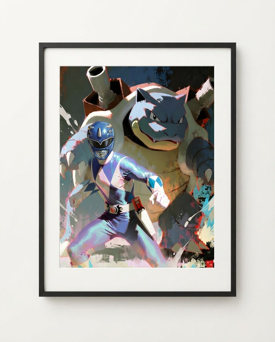 Blue Ranger and Blastoise framed art print