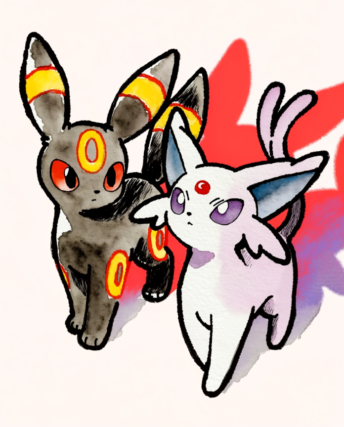 Umbreon & Espeon — Moonlight Walk ink wash illustration by Dammit.png