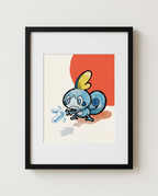 Sobble Water Gun watercolour Pokémon starter art print in a black frame with white mat