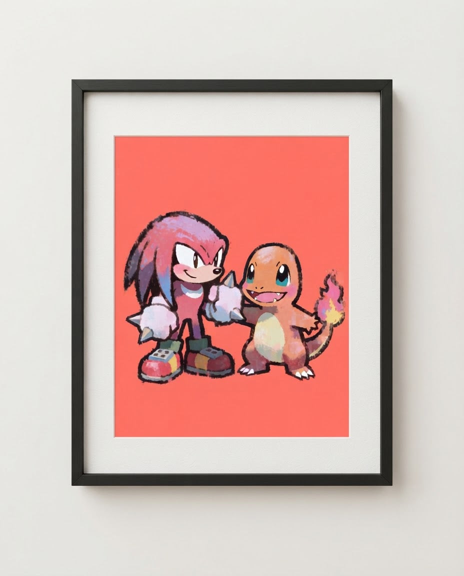 Knuckles & Charmander kawaii art print framed on a wall — Sonic Pokémon crossover by Dammit.png
