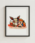 Eevee & Vulpix — Warm Company watercolour art print framed in a black frame with white mat