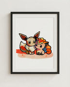 Eevee & Vulpix — Warm Company watercolour art print framed in a black frame with white mat