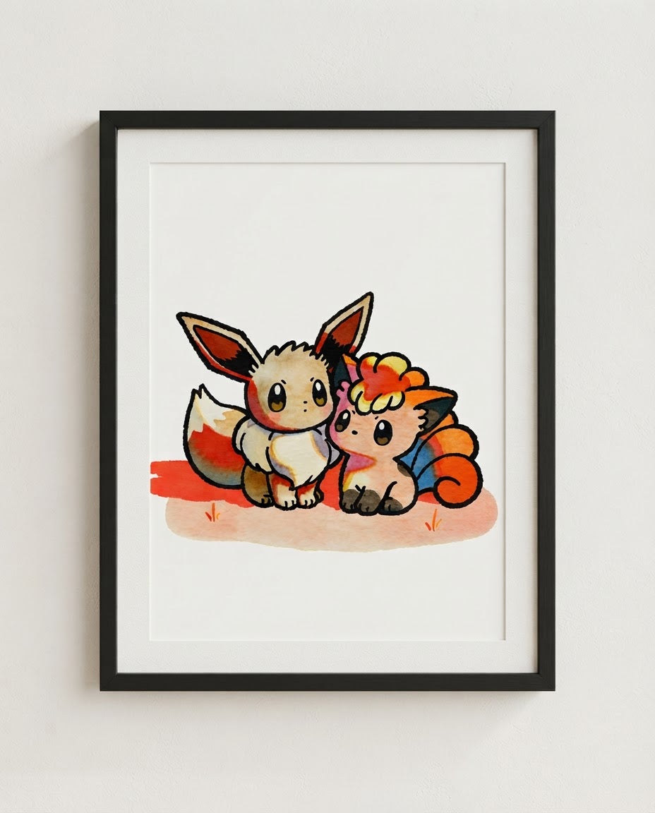 Eevee & Vulpix — Warm Company watercolour art print framed in a black frame with white mat