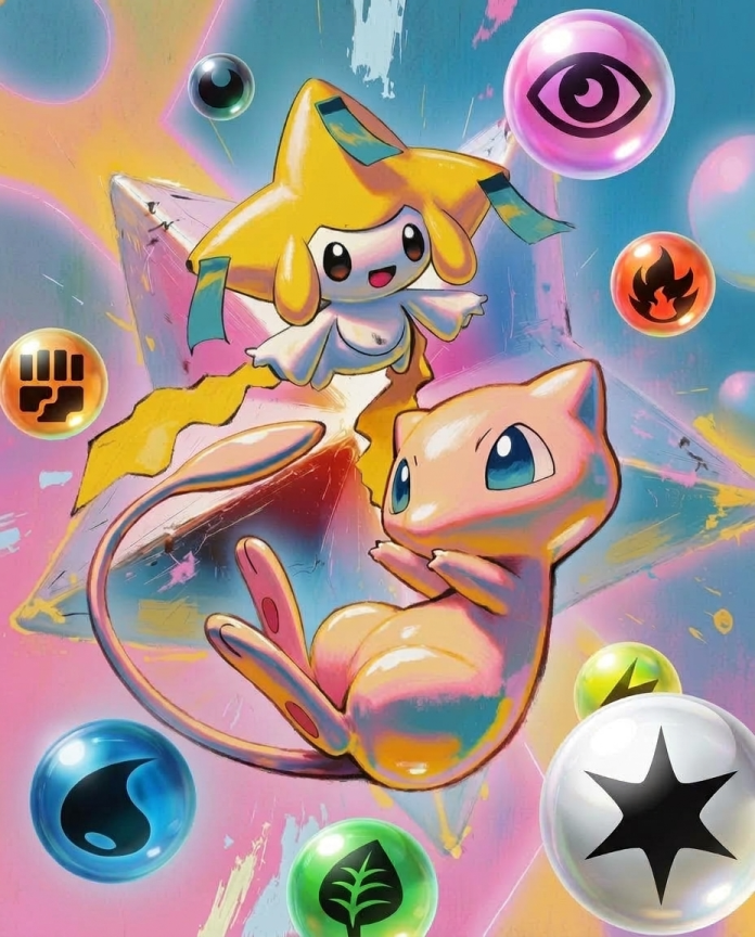 Mew & Jirachi — Wish Energy illustration, Mew and Jirachi with floating energy orbs