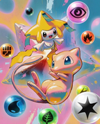 Mew & Jirachi — Wish Energy illustration, Mew and Jirachi with floating energy orbs
