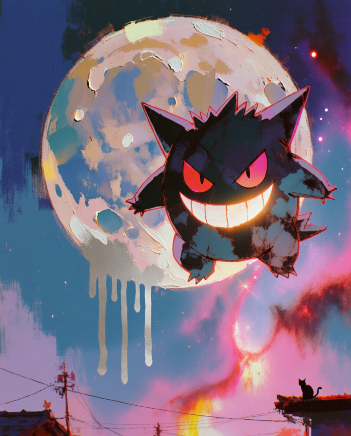 Gengar — Full Moon impasto painting, Gengar grinning in front of a thick-painted full moon