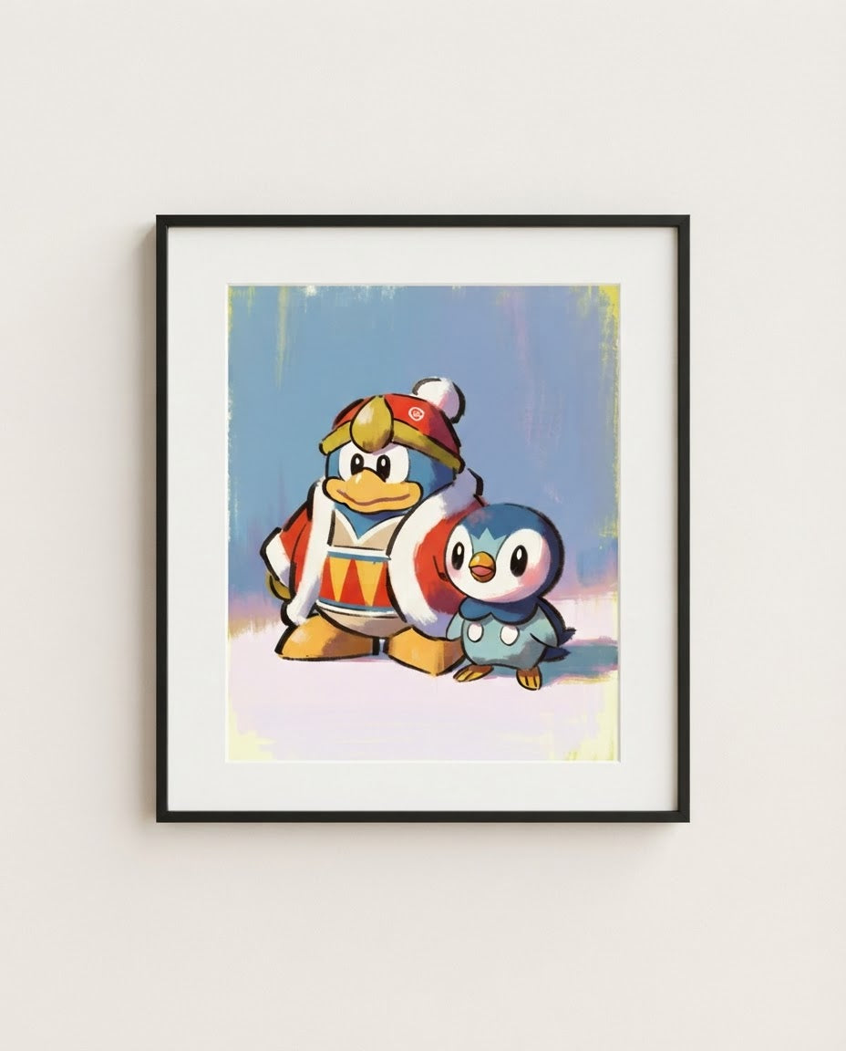 King Dedede & Piplup kawaii art print framed on a wall — Kirby Pokémon crossover by Dammit.png